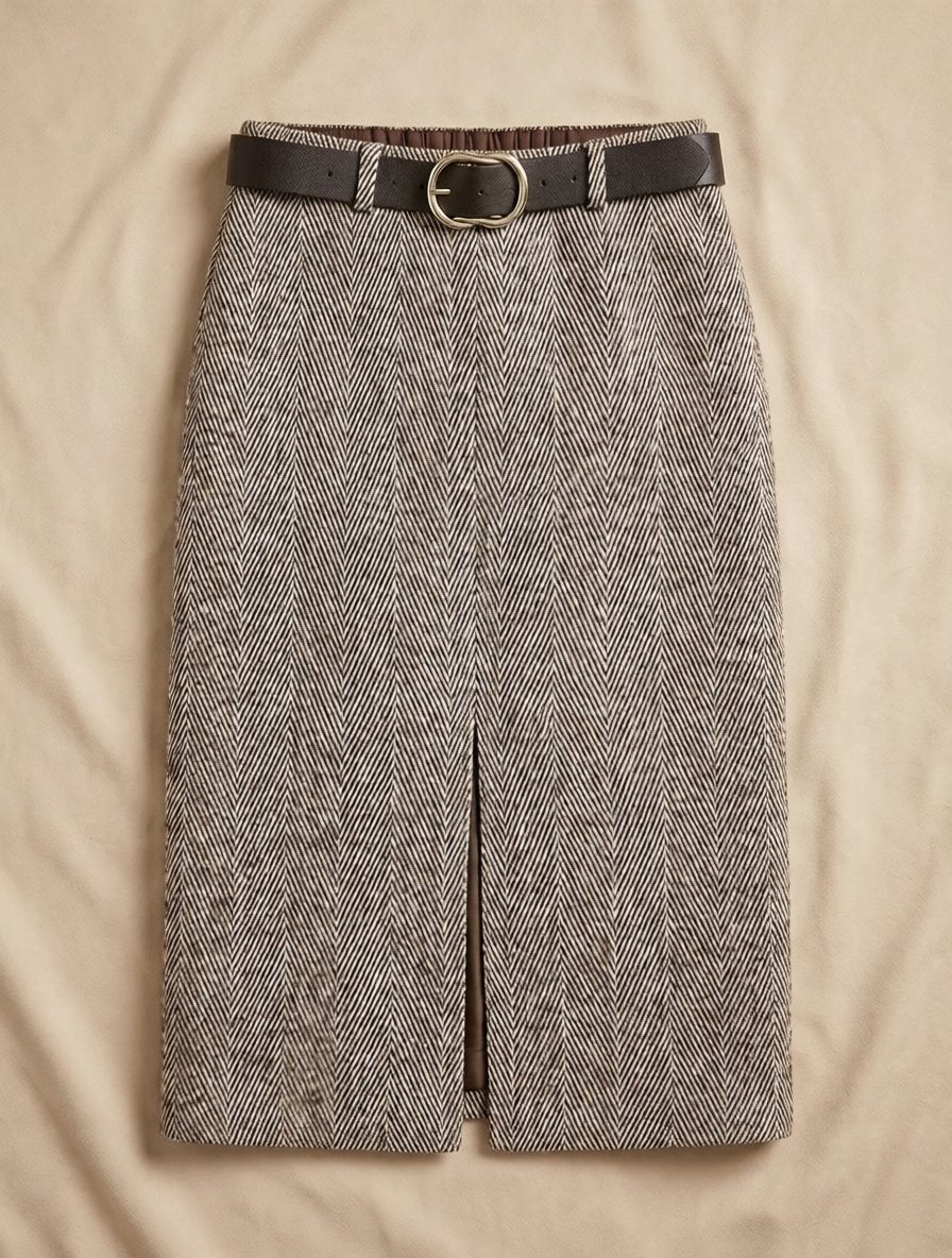 Jupe Midi Imprimé Chevron Ceinturée Noir
