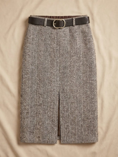 Jupe Midi Imprimé Chevron Ceinturée Noir
