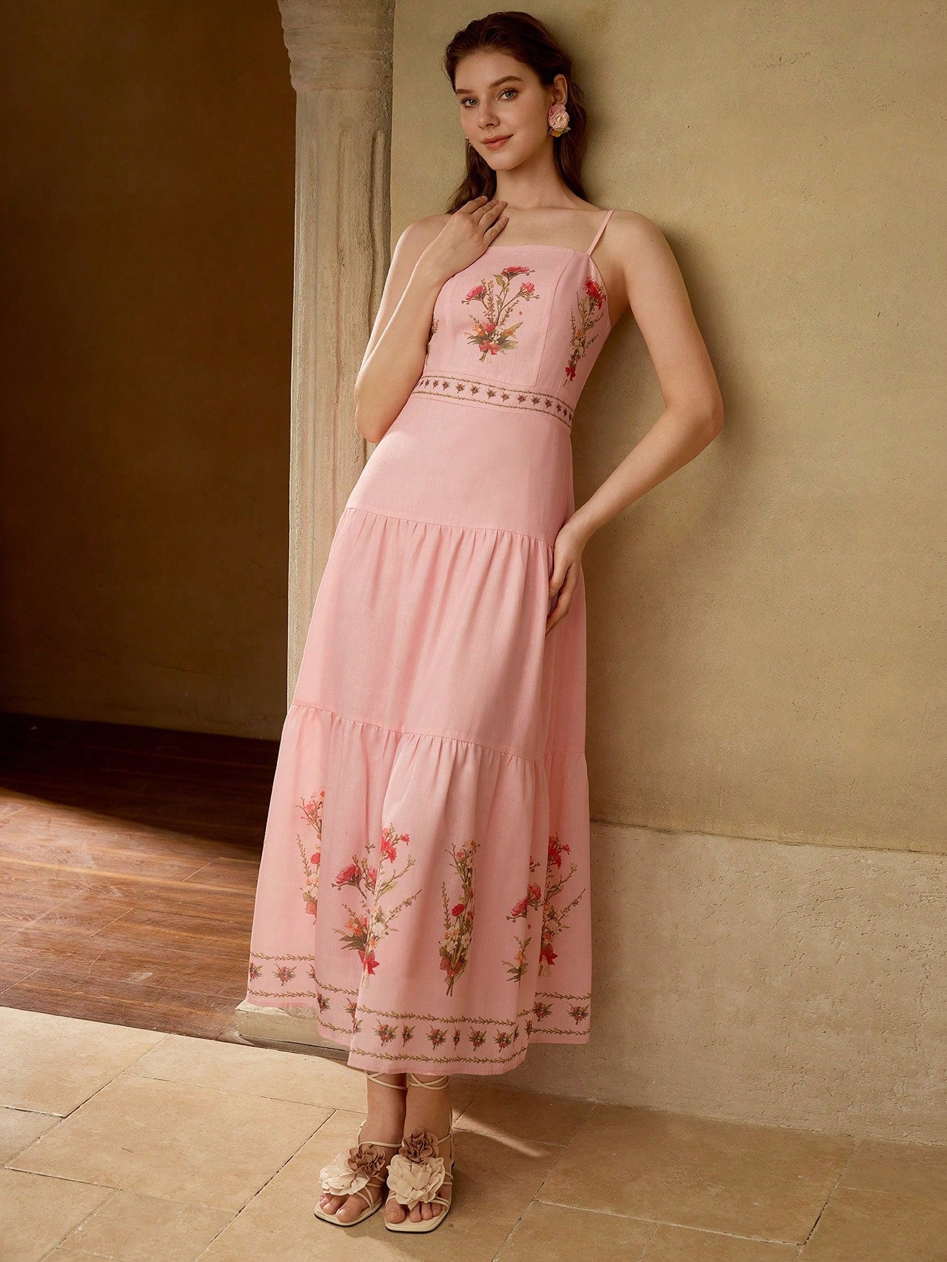 Robe Évasée Imprimé Floral Bretelles Fines Midi