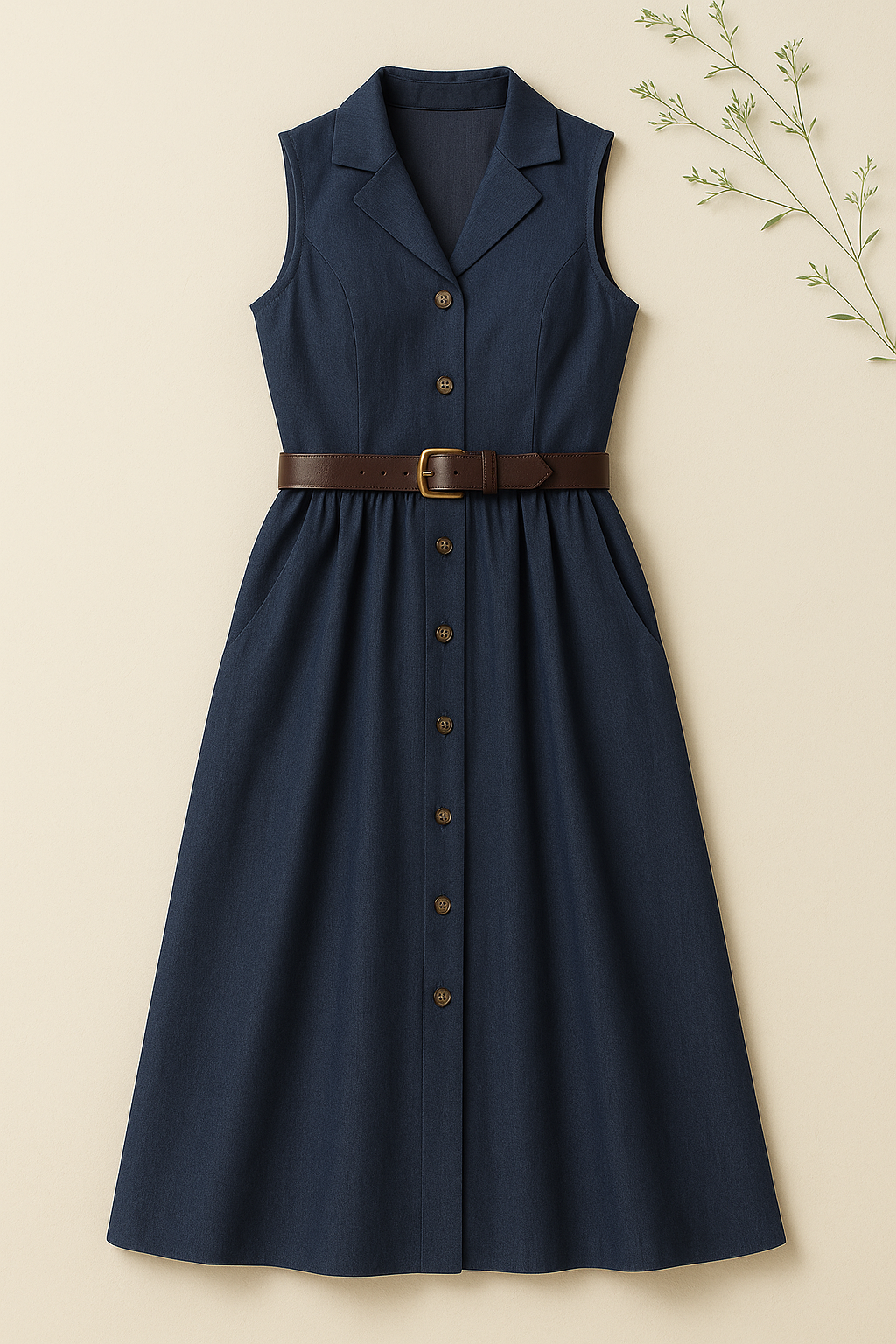 Vestido Madeleine de botão com cinto marrom de couro