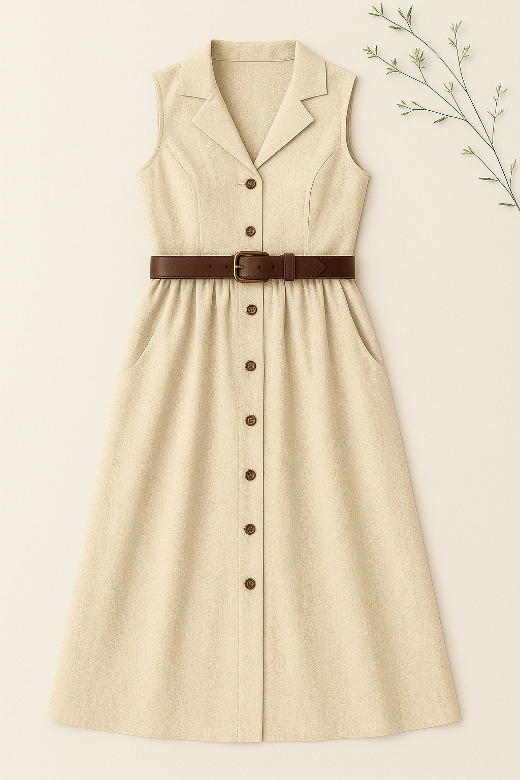 Vestido Madeleine de botão com cinto marrom de couro