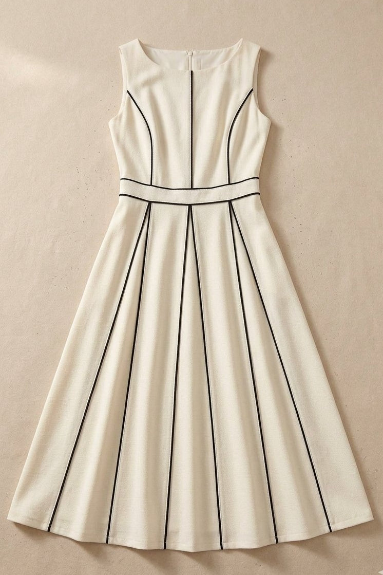 Robe Midi Plissé à Passepoil Contrasté