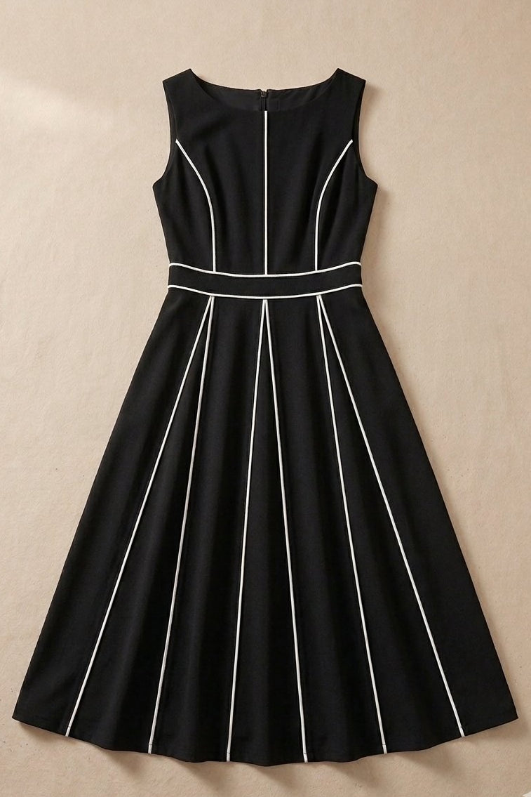 Robe Midi Plissé à Passepoil Contrasté