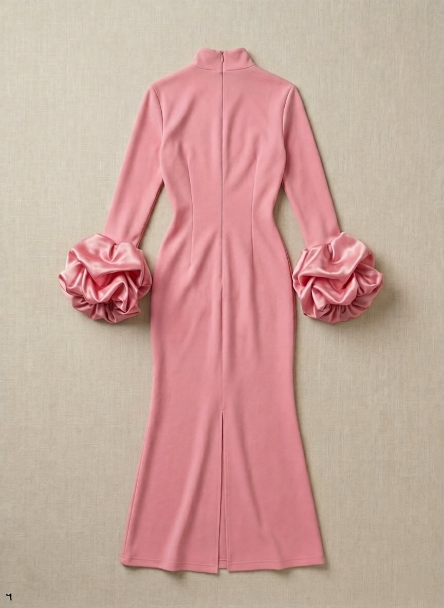 Robe Longue à Manches Bouffantes Col Haut